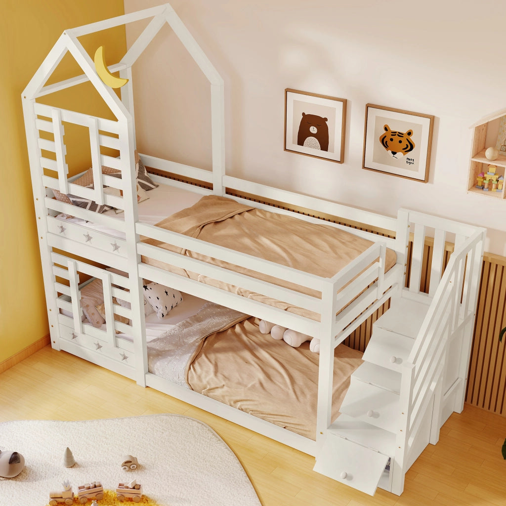 Letto a castello per bambini 90x200 cm a forma di casetta bianco