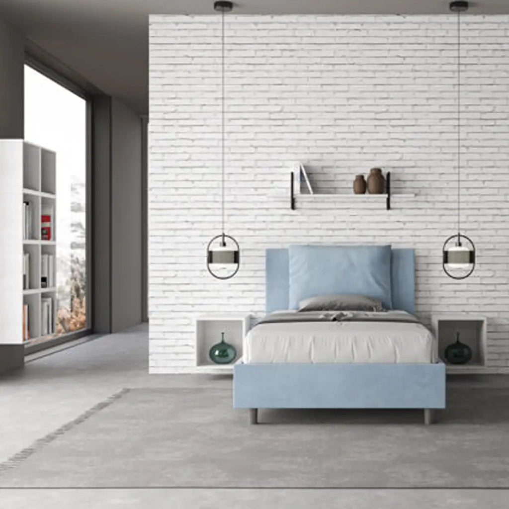 Letto una piazza e mezza contenitore imbottito 120x200 microfibra azzurro Antea