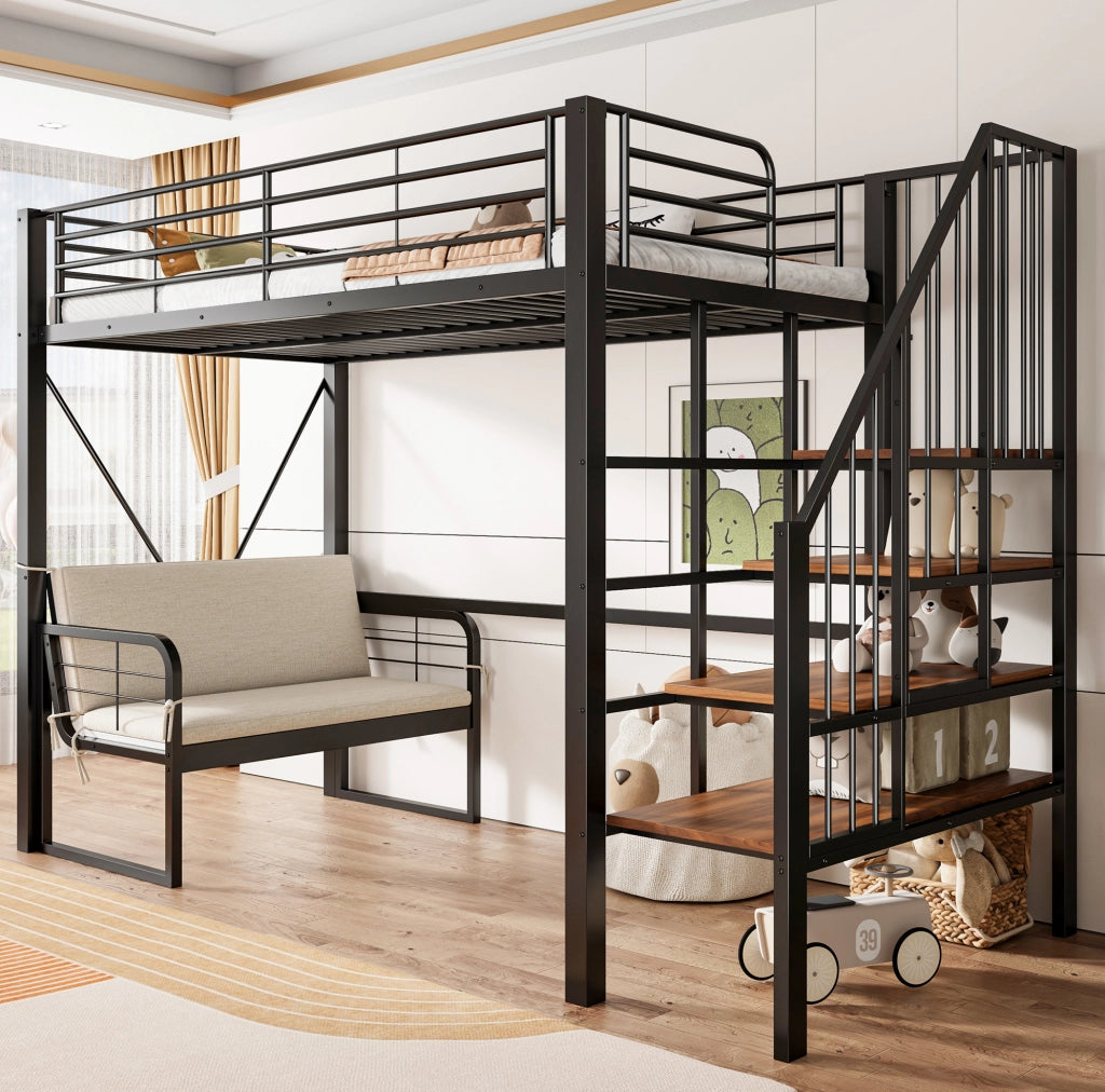 Letto a castello 90x200 cm con divano removibile e scala contenitore in metallo