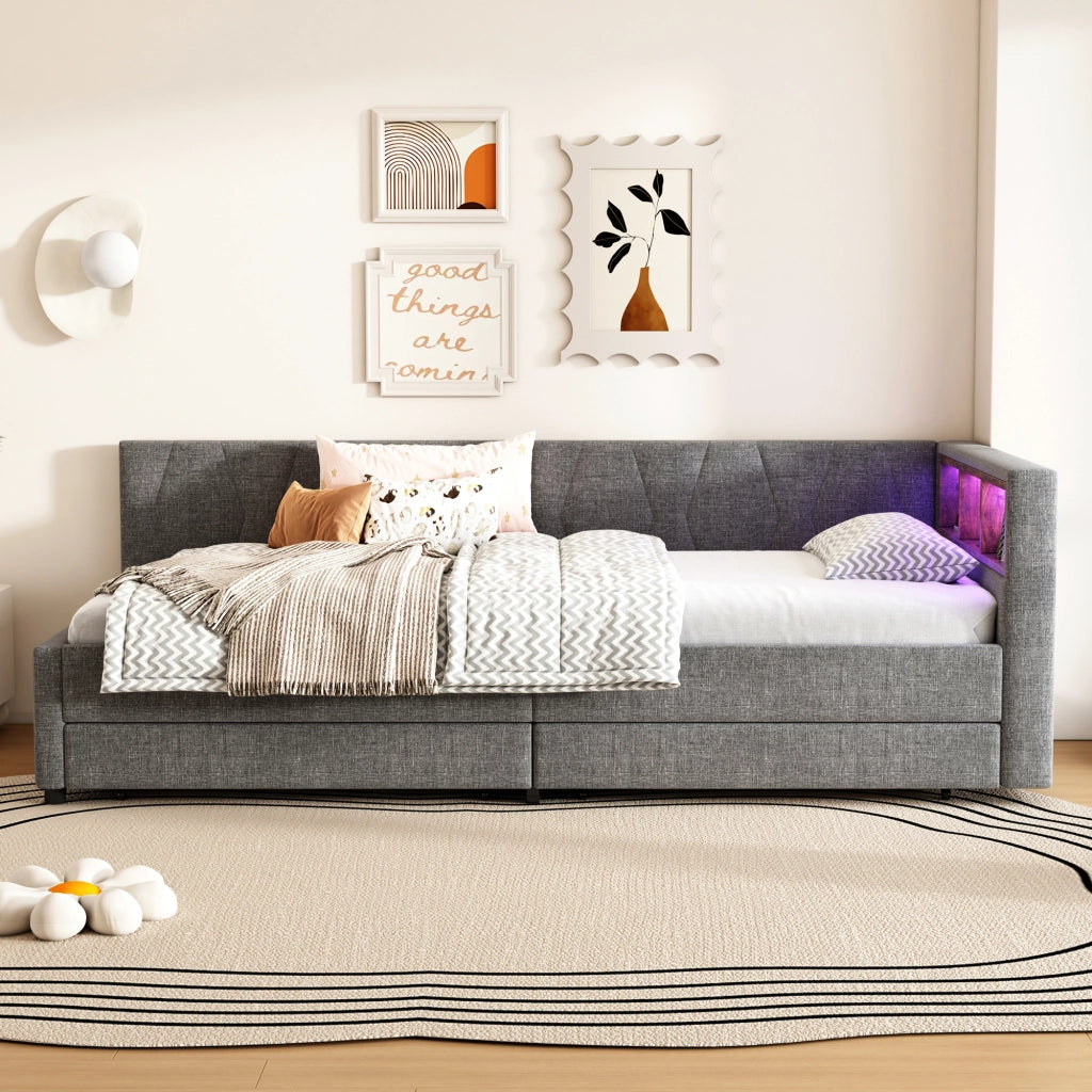 Letto singolo a divano 90 × 200 cm con rete a doghe in lino e MDF grigio con cassetti e LED
