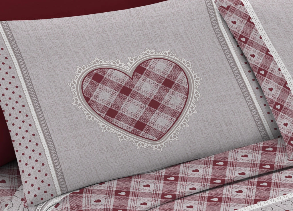 Completo Lenzuola Letto Pensieri Delicati 100% Cotone Dis.Chalet - Piazza E Mezza - Rosso