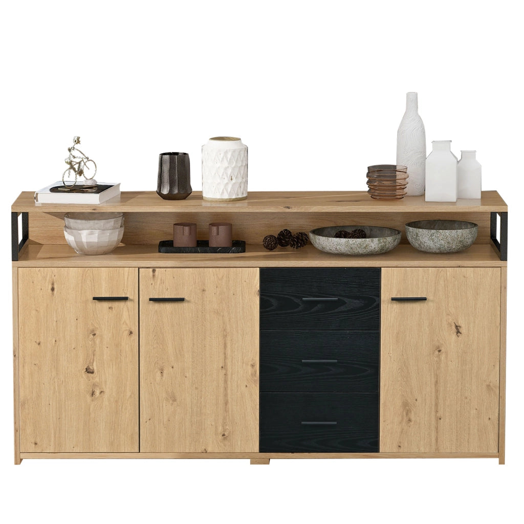 Sideboard moderno 150x35x75;9 cm con 3 porte e 3 cassetti; nero e colore legno