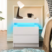 Comodino moderno bianco con LED multicolore regolabile; 2 cassetti e vano a giorno