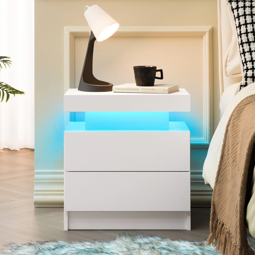 Comodino moderno bianco con LED multicolore regolabile; 2 cassetti e vano a giorno