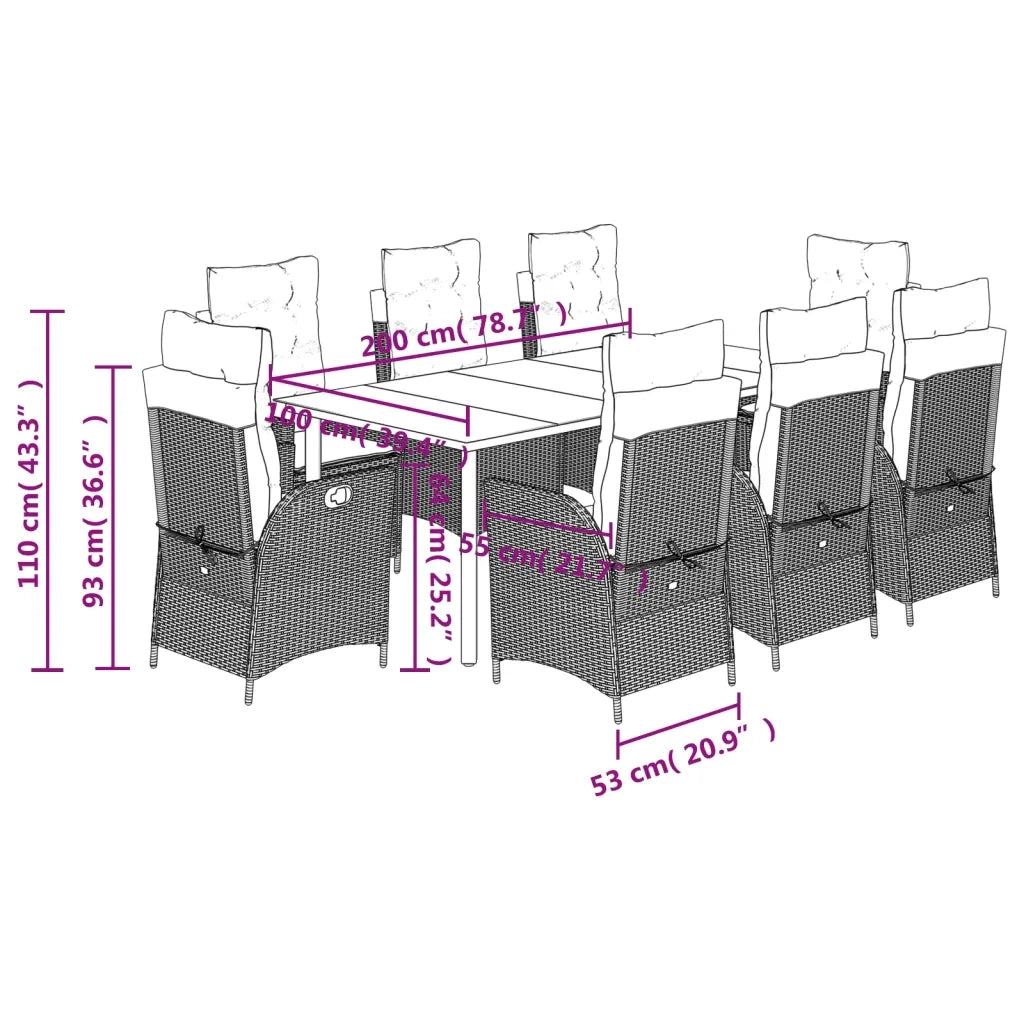 Set da Pranzo da Giardino 9pz con Cuscini Marrone in Polyrattan 3213212
