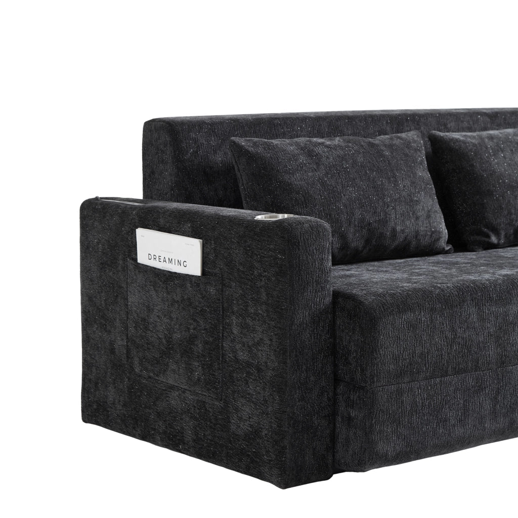 Divano letto pieghevole 2 posti 2 in 1 in ciniglia nero e grigio con USB