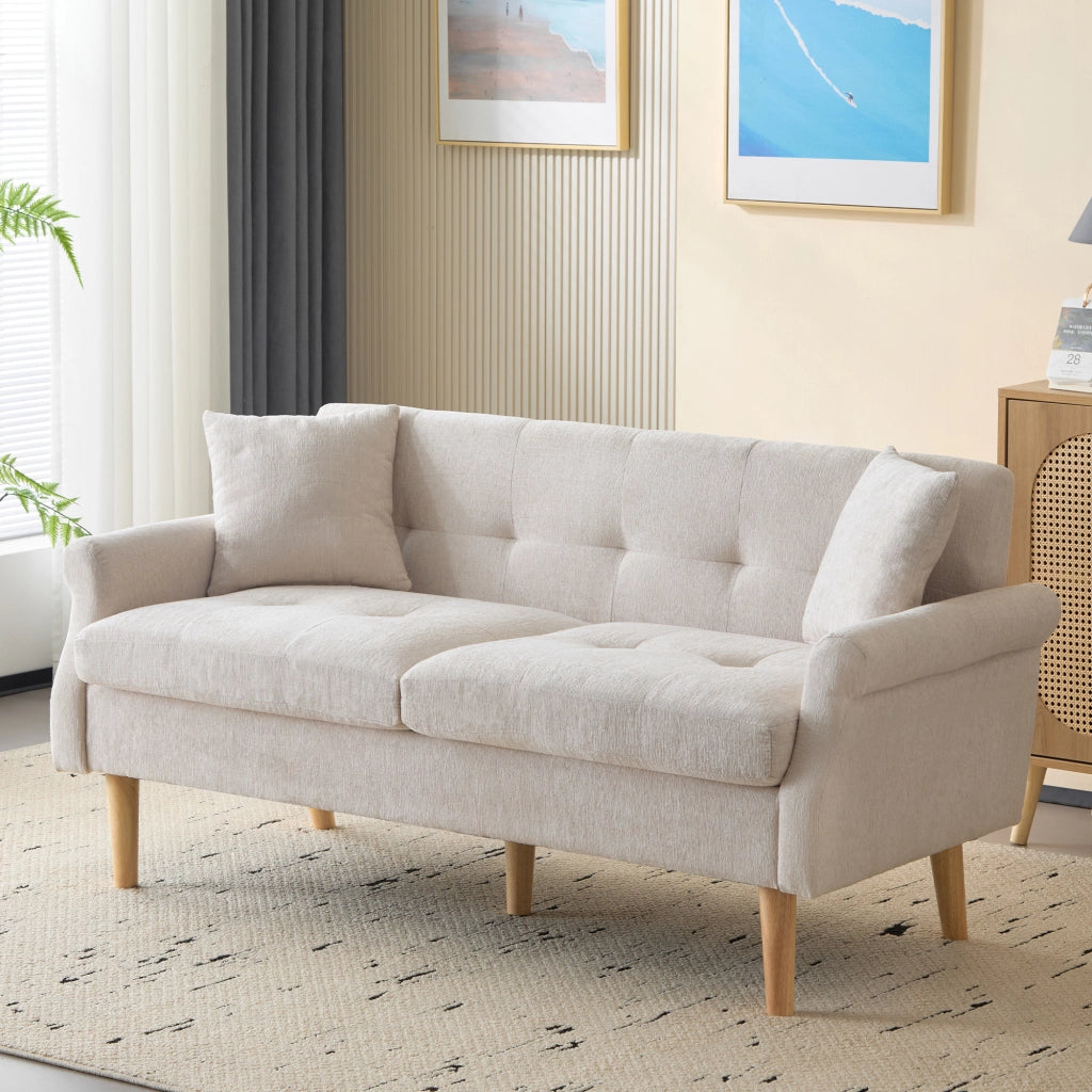 OKWISH Divano 2 Posti, Cuscini Inclusi, Seduta Imbottita da 15 cm e Braccioli Ergonomici, Ciniglia Beige