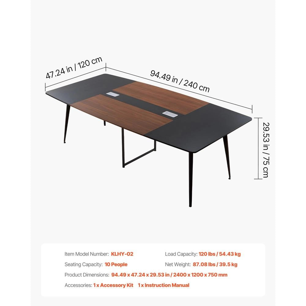 Conference Table, 2400 Mm Boat Shaped Office Meeting Table For 10 Person, Modern Large Boat Meeting Desk With Metal Legs, For Office, Boardroom, Conference Room, Easy Assembly, Black & Brown