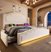 LETTO 160x200 cm in velluto beige con LED e porte USB/Type-C