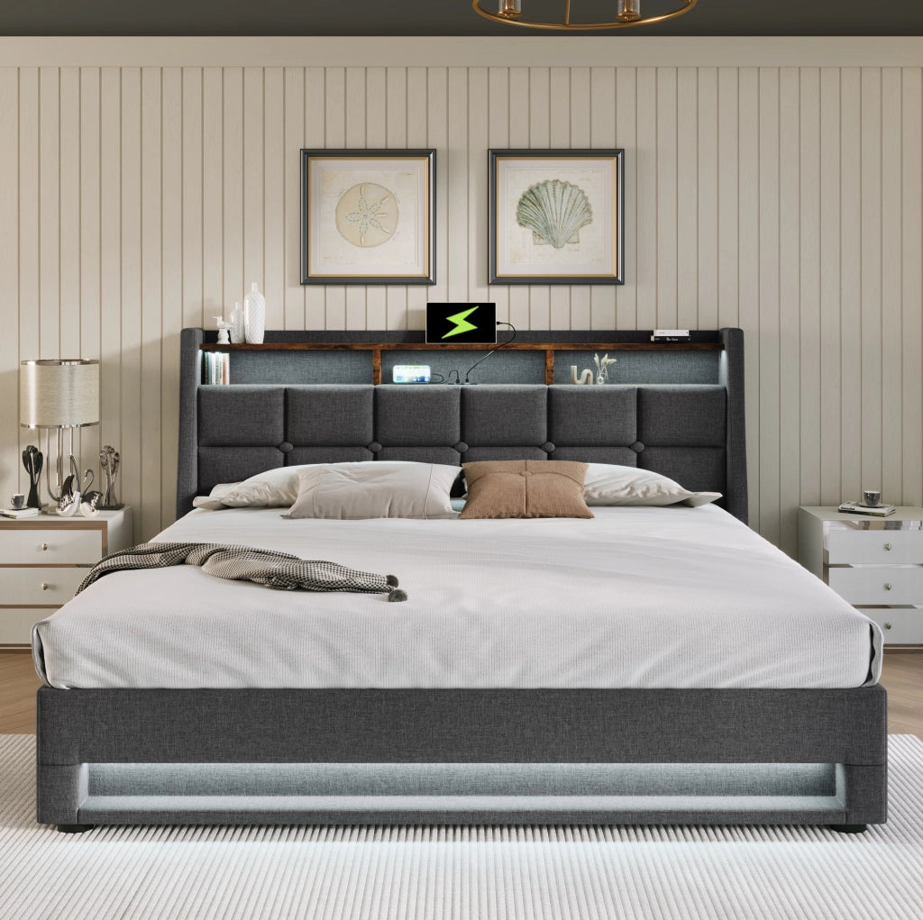 LETTO Contenitore 140x200 cm Grigio in Lino con USB e LED