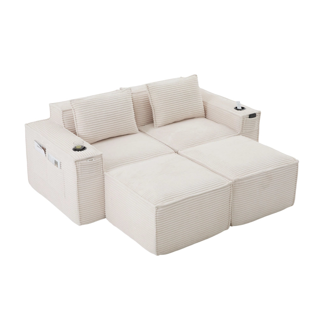 Divano modulare 2 posti corduroy con pouf, porta bicchieri e tasche, beige