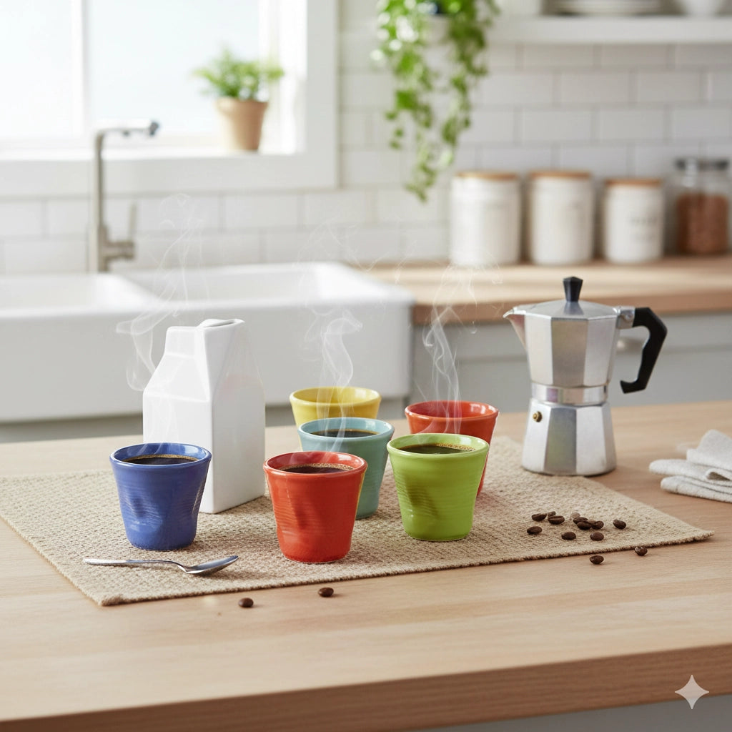 Set 6 Tazzine da caffè Accartocciati Multicolor con Lattiera Bianca in Gres Kaleidos