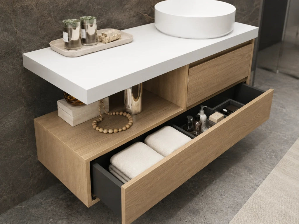 Mobile bagno componibile CERDEÑA senza specchio con modulo e piano top da 100 cm, lavabo senza colonna