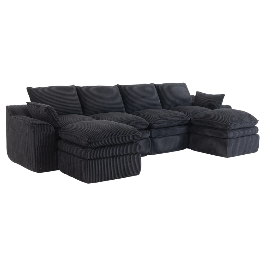 Divano modulare 4 posti in velluto con 2 pouf, cuscini e tasche laterali, schiuma a tre strati con molle, colore nero