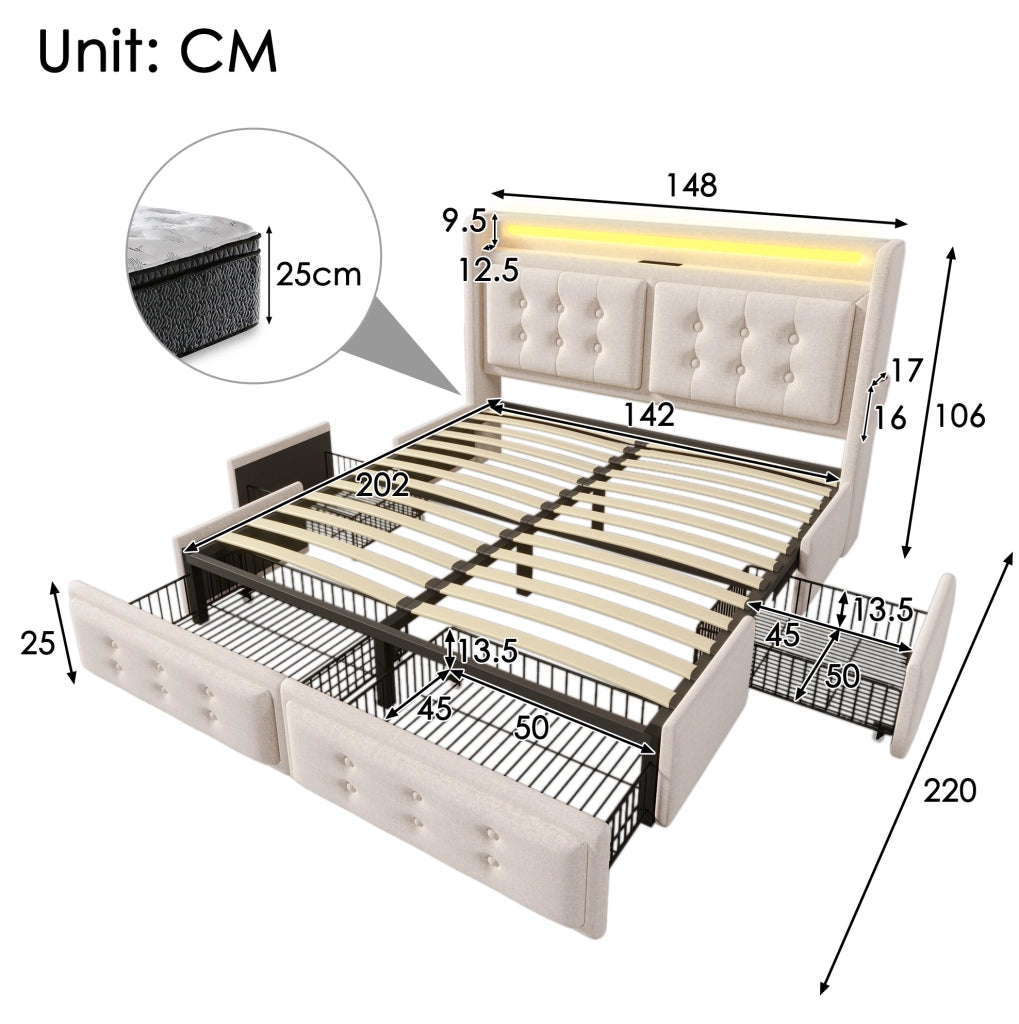 Letto matrimoniale 140x200 beige con materasso, LED, USB e cassetti