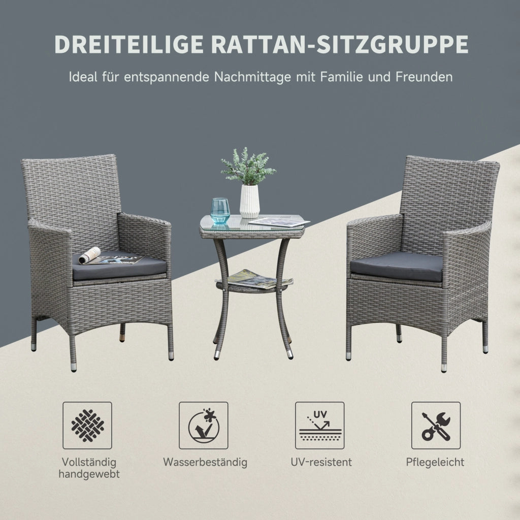 Set mobili da balcone 3 pezzi in rattan grigio con tavolino e cuscini sfoderabili