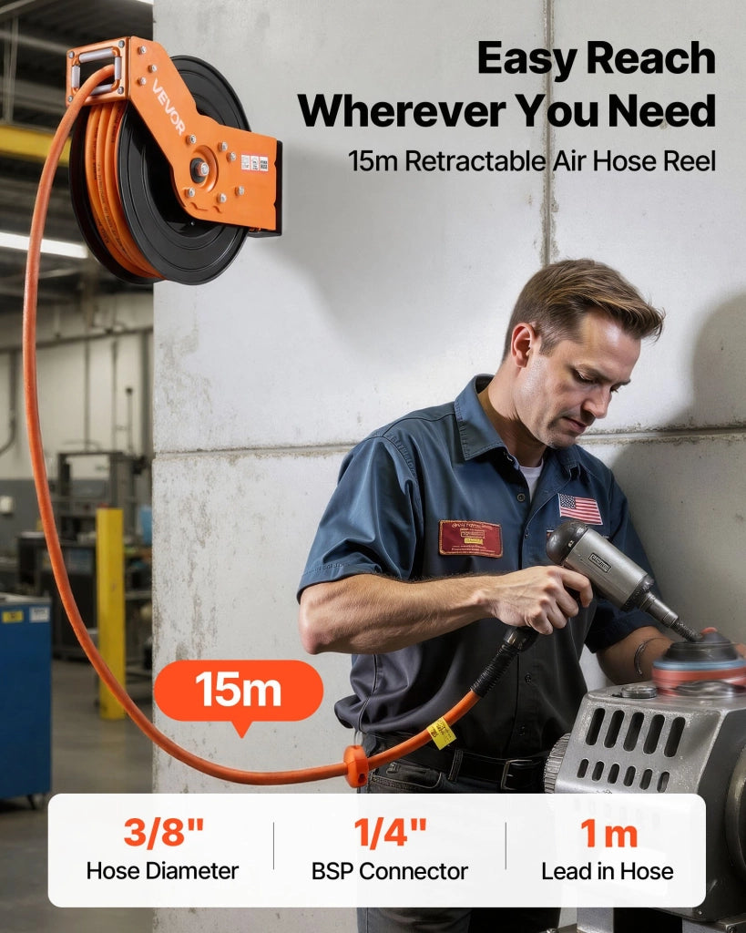 Avvolgitubo Automatico per Aria Compressa 15 m x 9,5 mm NT-A10, Pressione 20,7 bar, Montaggio Parete o Soffitto per Officina e Fai da Te