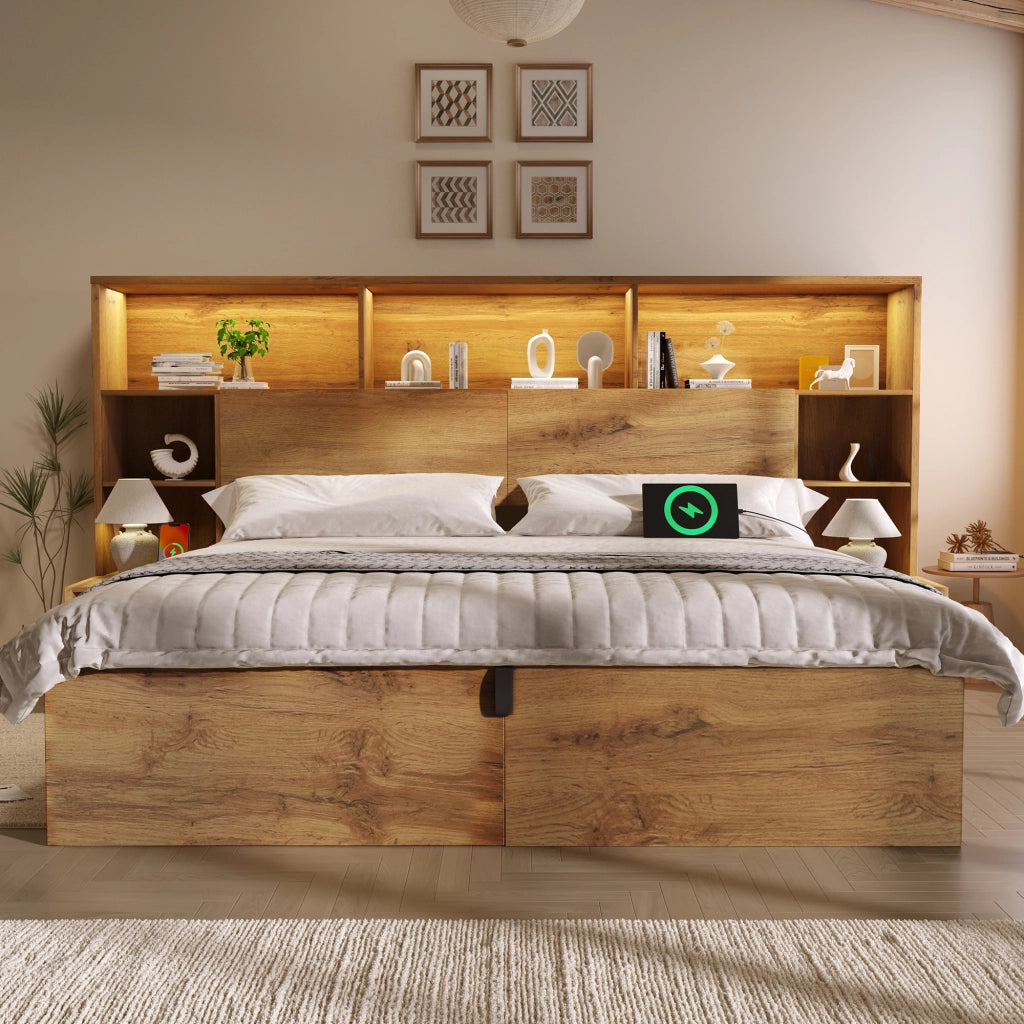 Letto matrimoniale con contenitore e rete a doghe legno rovere con comodini LED USB e USB-C