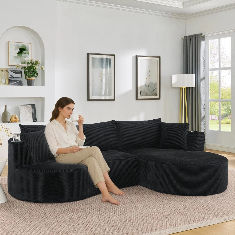 Divano Angolare 3 Posti con Chaise Longue, Velluto a Coste, Cuscini e Portabicchieri ¨C Xylo ¨C Nero