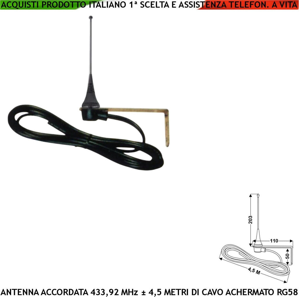 Antenna Omnidirezionale Accordata Frequenza 433 MHz Con 4,5 Metri di Cavo Schermato RG58 Adatta X Automatismi e Comandi Radio Staffa in Acciaio Con Fori di Fissaggio a Parete o Colonna Protezione IP44