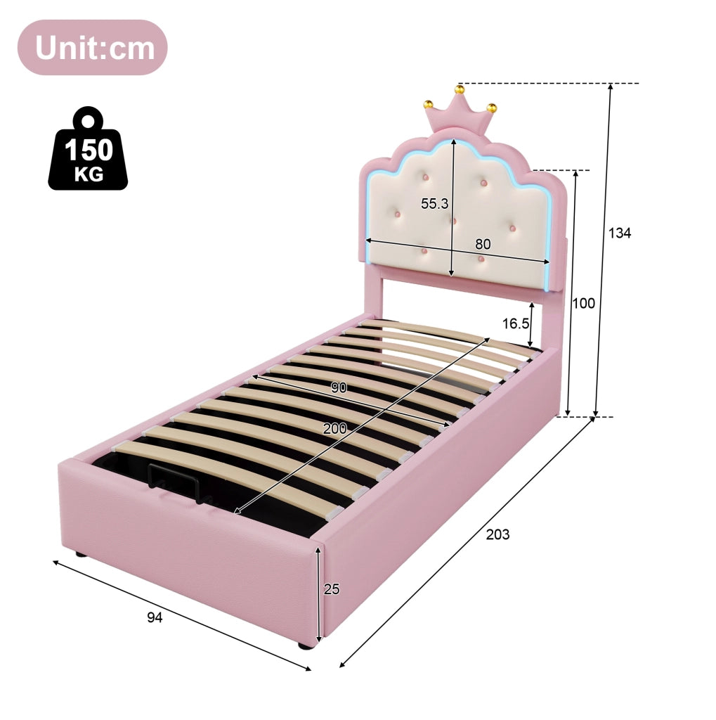 Letto per bambini imbottito 90x200 cm in PU e MDF con luce LED e contenitore, rosa