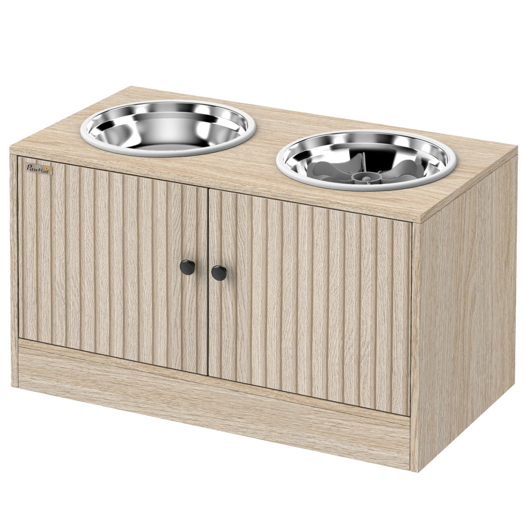Ciotole rialzate per cani con contenitore 40L ¨C Xylo ¨C 2 ciotole inox 60x30x35,5cm quercia