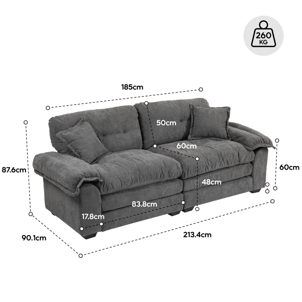 Divano 2 posti in Chenille 213x89 cm con cuscini doppio strato (Memory Foam e molle insacchettate) per soggiorni e uffici