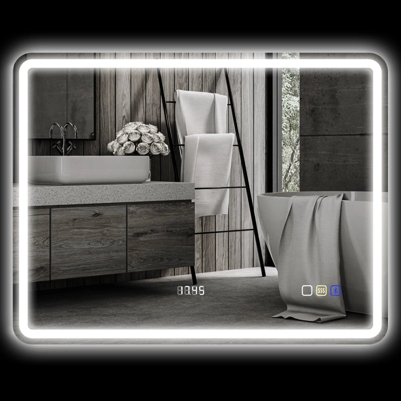 Specchio da bagno LED con Bluetooth e orologio; antiappannamento; luce regolabile e memoria; argento