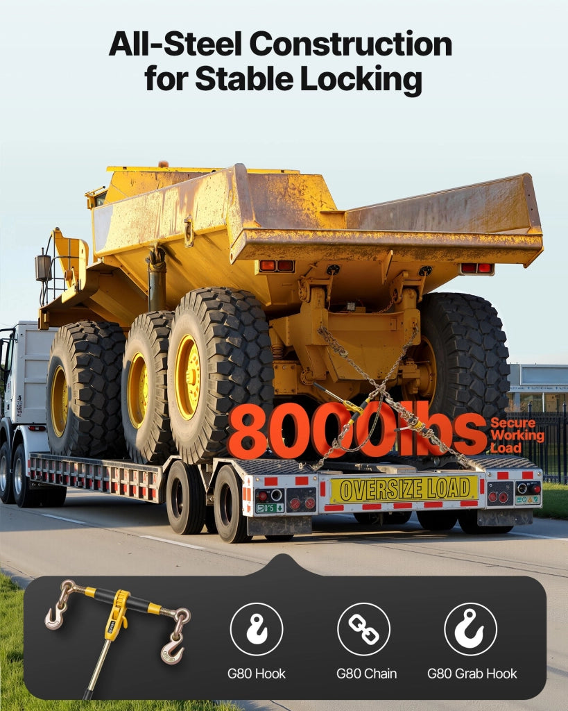 Set 2 Pezzi Legatori a Cricchetto con Catene G80 da 7,93 a 9,52 mm, Carico 3628,7 kg in Acciaio al Manganese Robusto per Trasporto e Traino