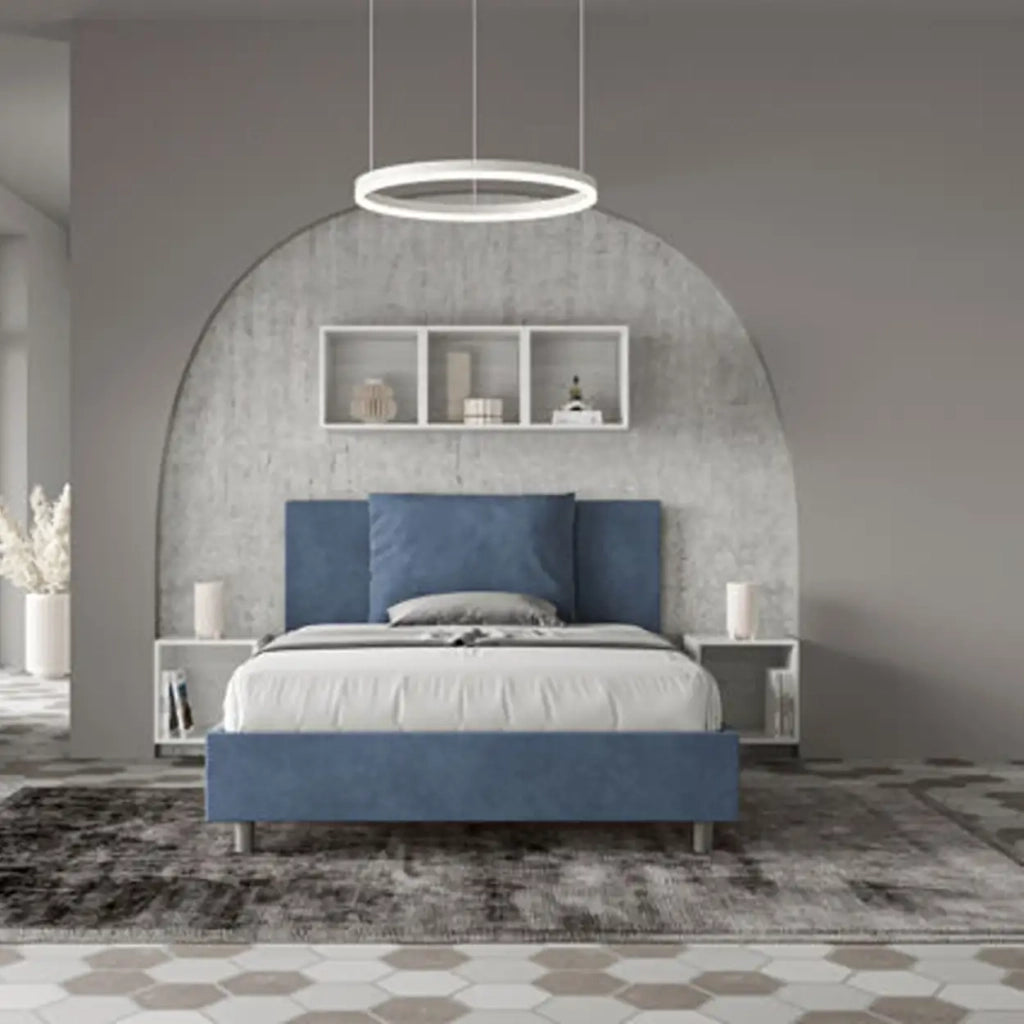 Letto matrimoniale francese con rete imbottito 140x210 microfibra blu Antea