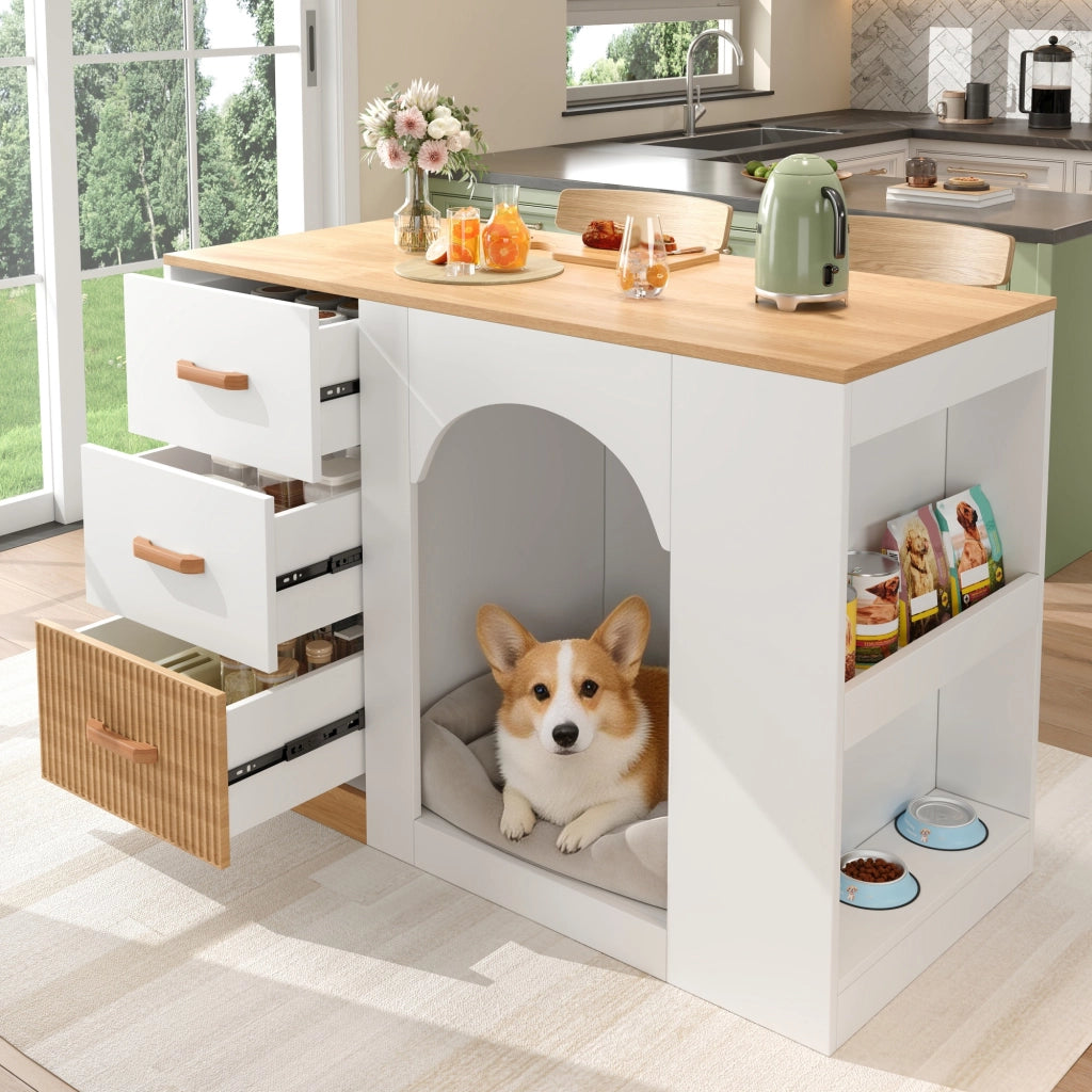 Isola cucina con spazio per cane 120 x 60 x 90 cm in MDF bianco effetto legno con 3 cassetti