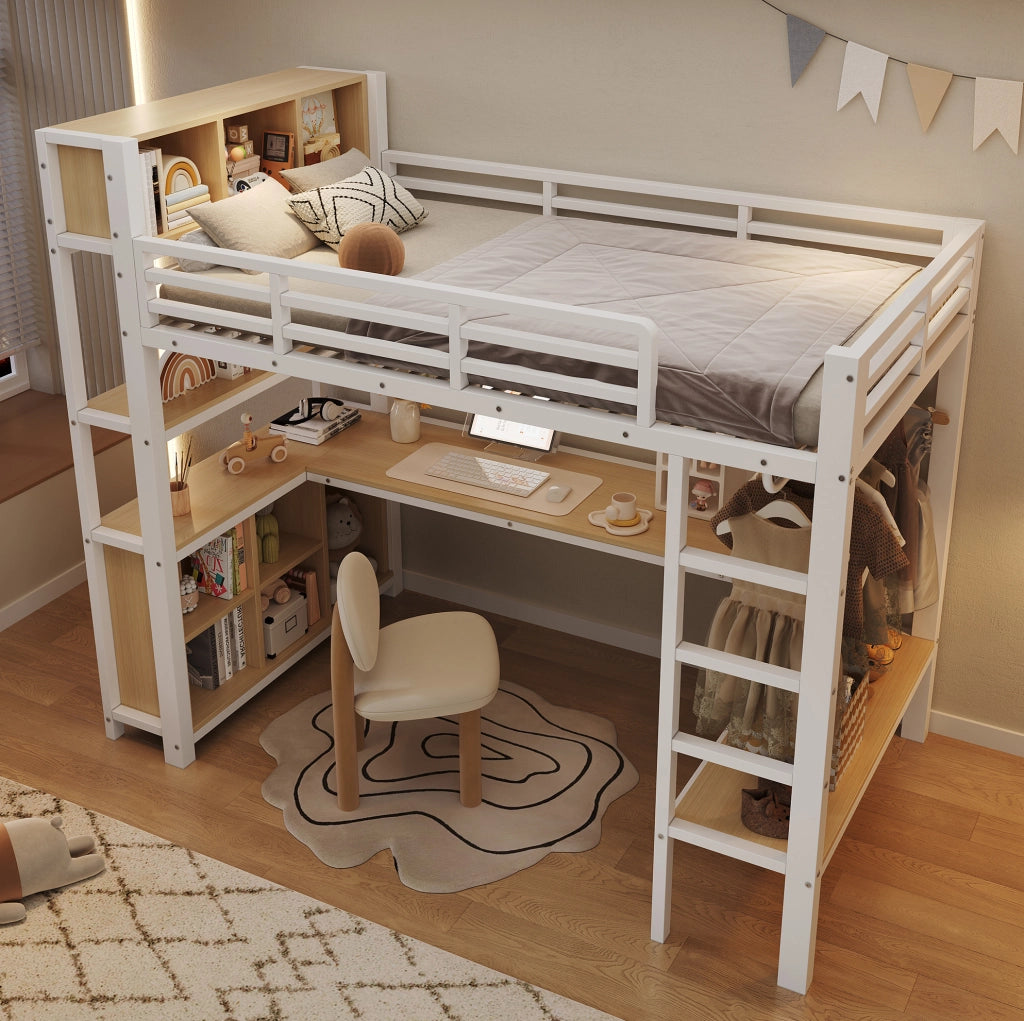 Letto a soppalco 90x200 cm con scrivania, appendiabiti e ripiani bianco