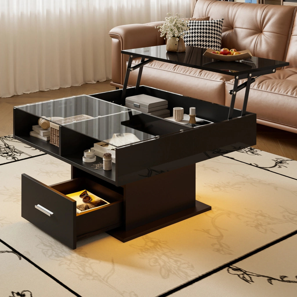 TAVOLINO da caffè alzabile 78x78 cm nero con LED e contenitore
