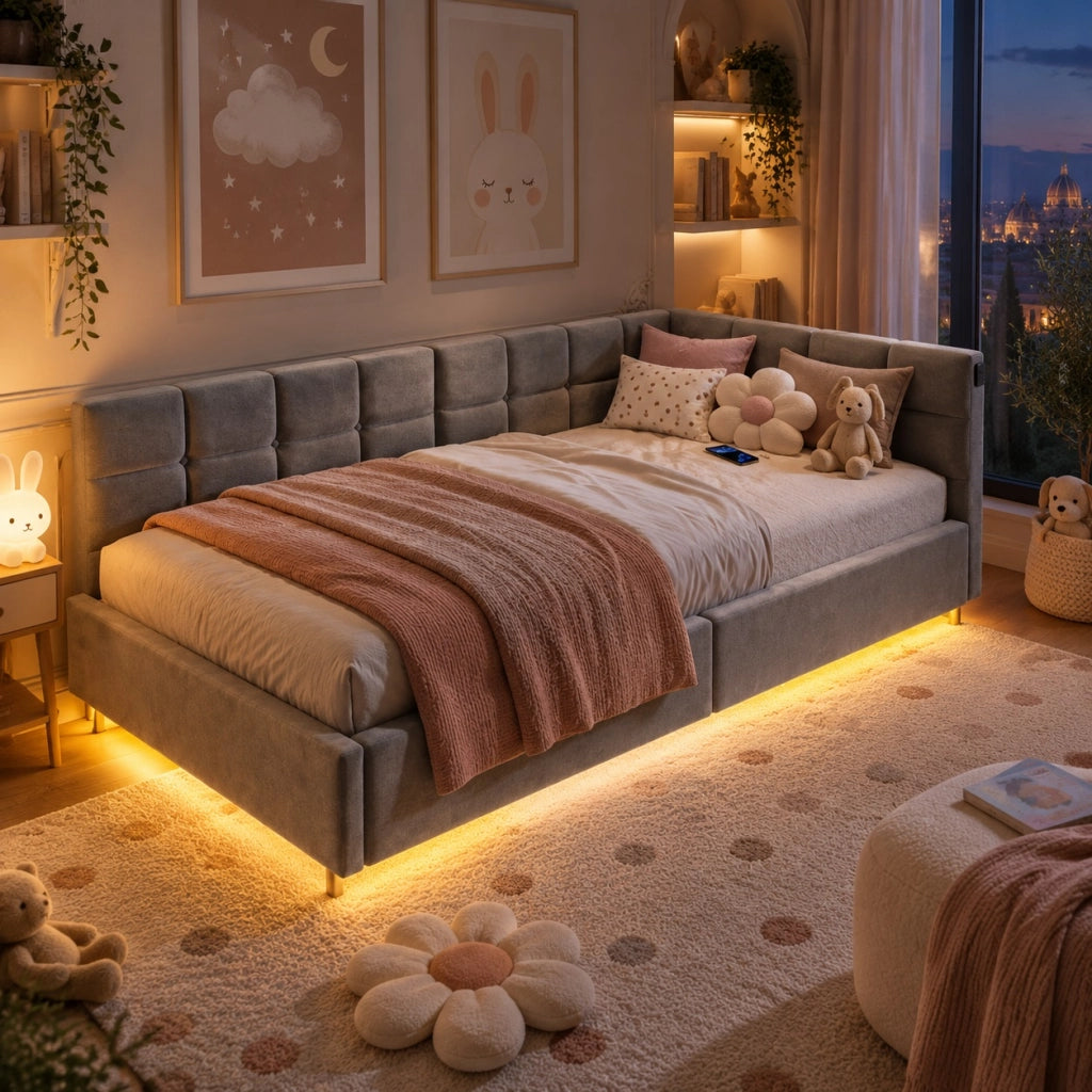 Divano letto singolo 90x200 con luce LED;Letto singolo Angolare con contenitore idraulico;letto imbottito con testiera;letto con rete a doghe;Velluto