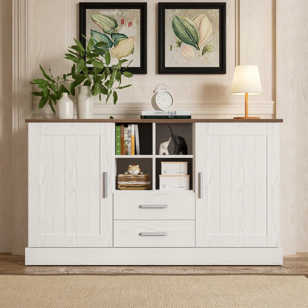 Sideboard 140x40x79,5 cm, legno bianco e marrone, 2 ante, 2 cassetti