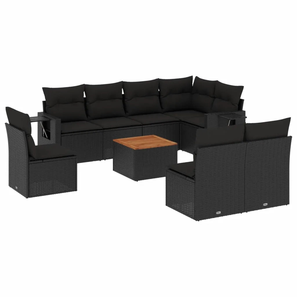 Set Divani da Giardino 9 pz con Cuscini Nero in Polyrattan 3224599