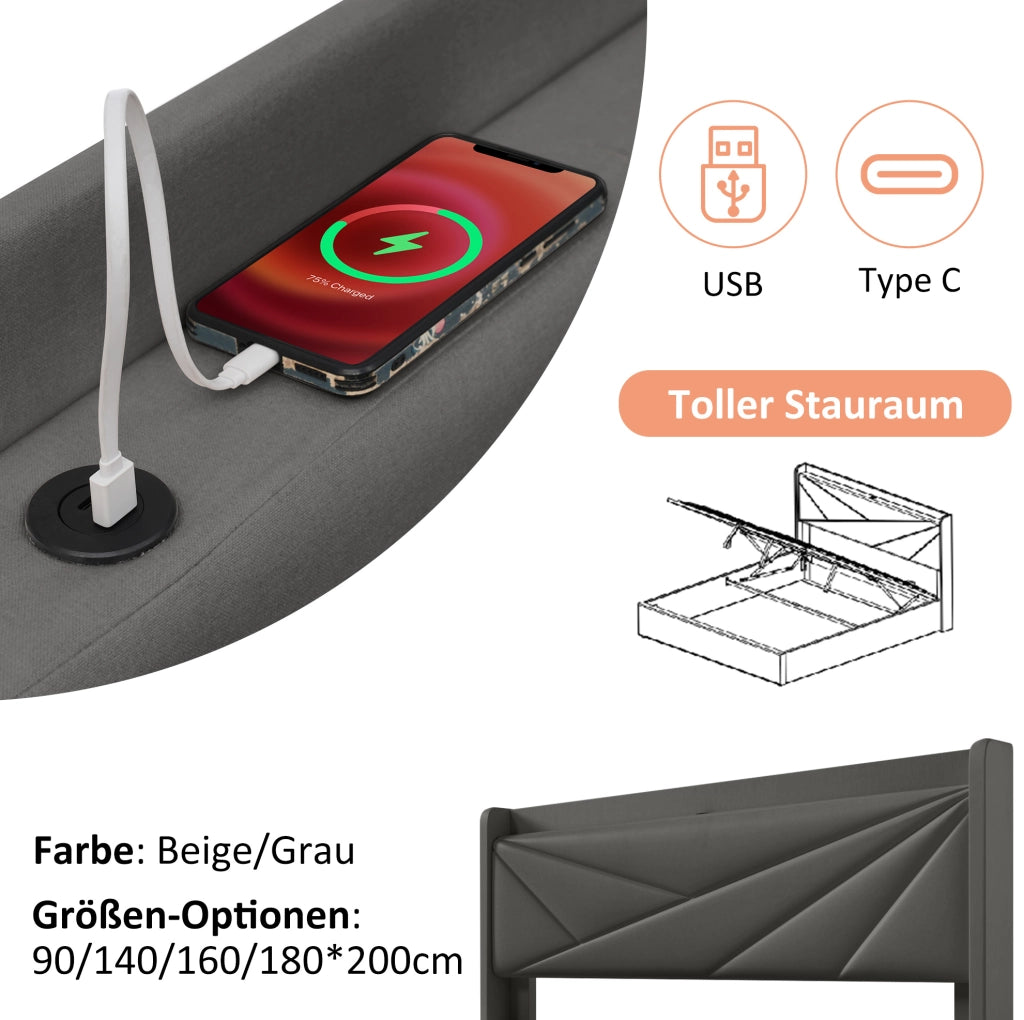 Letto singolo imbottito con contenitore 90x200 cm, USB e Type-C, grigio