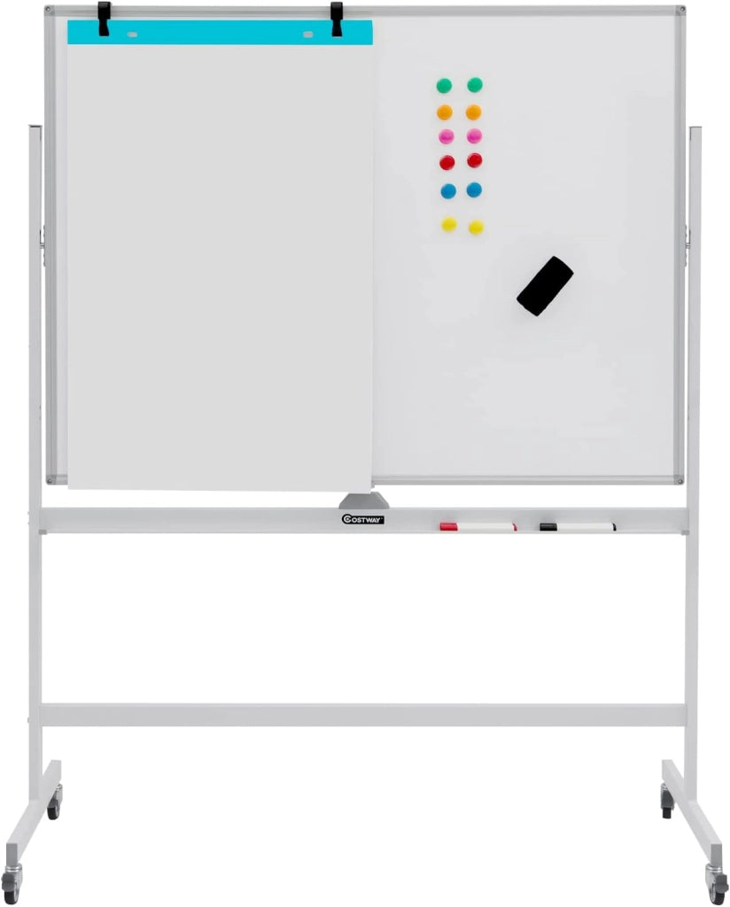 Lavagna Bianca Magnetica Doppia, Lavagna Bianca Regolabile in Altezza e Ruote Bloccabili, 6 Pennarelli, 12 Calamite e 1 Cancellino, Ideale per Casa Ufficio e Scuola, 126 x 53,5 x 160-180 cm