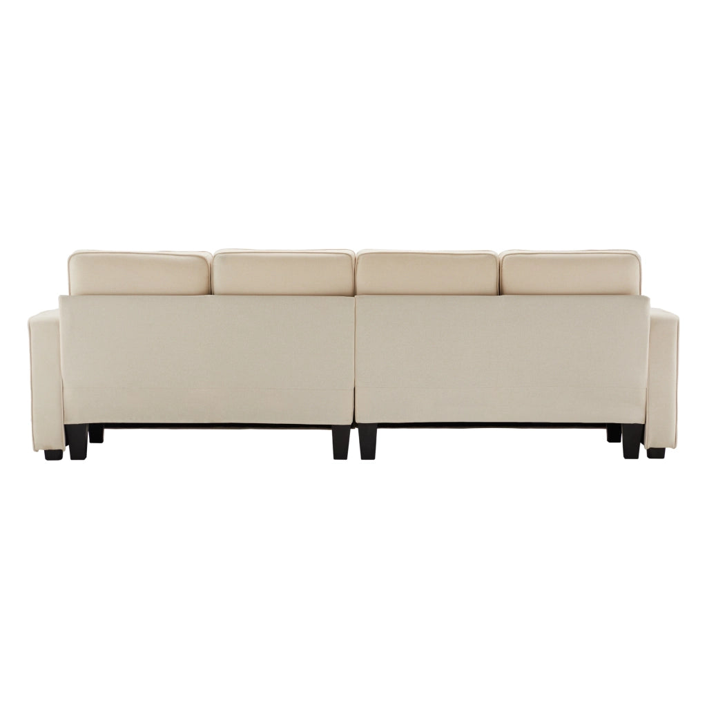 Divano 4 posti in tessuto di lino beige con tasche laterali e 4 cuscini, 264x83x87 cm