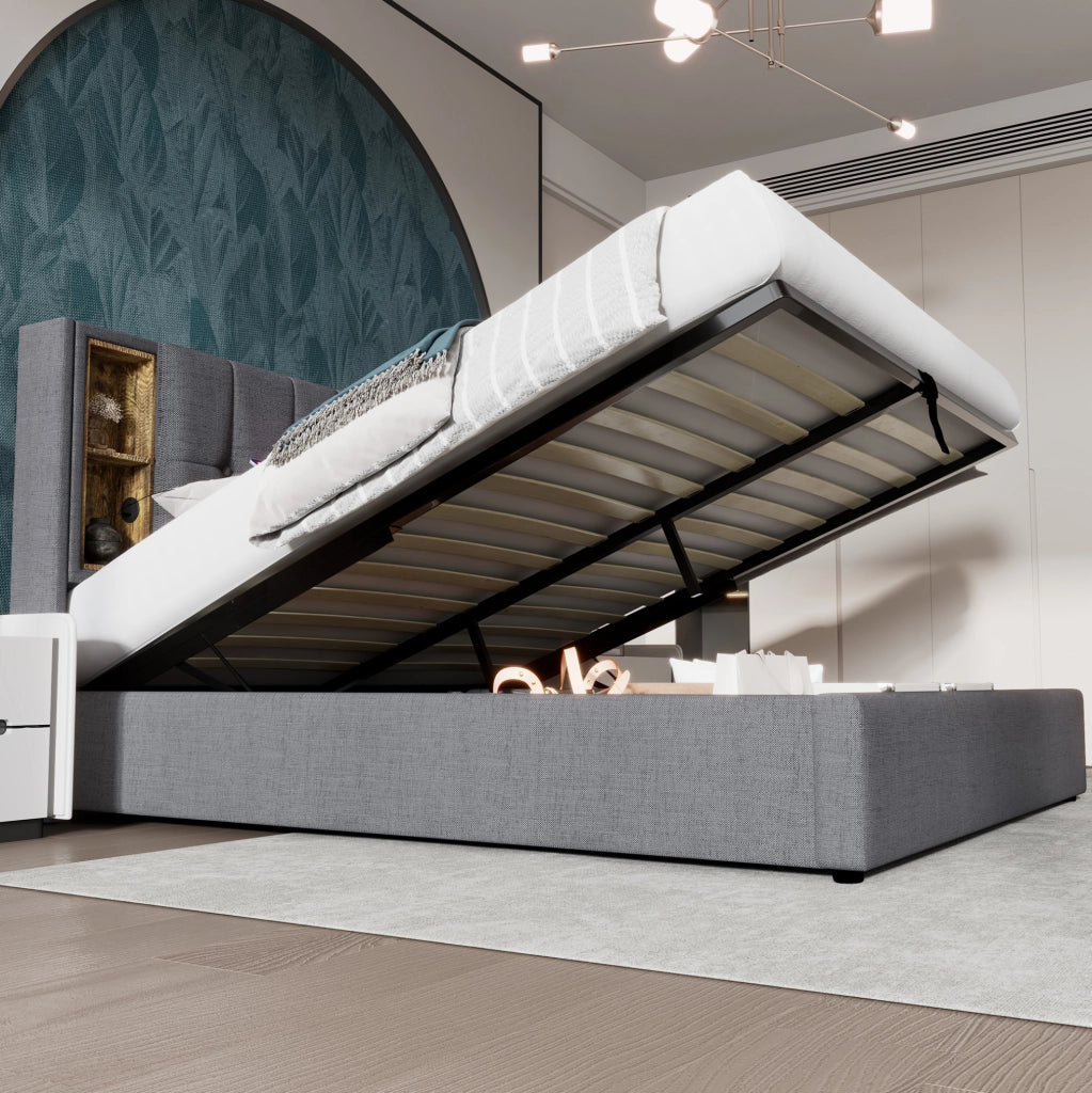 Letto matrimoniale con ricarica wireless, USB e ampio spazio contenitivo