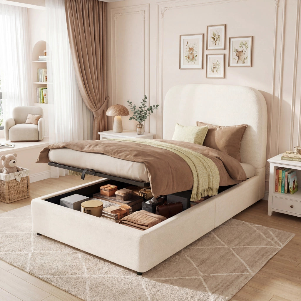 letto imbottito bouclé beige 90 x 200 cm