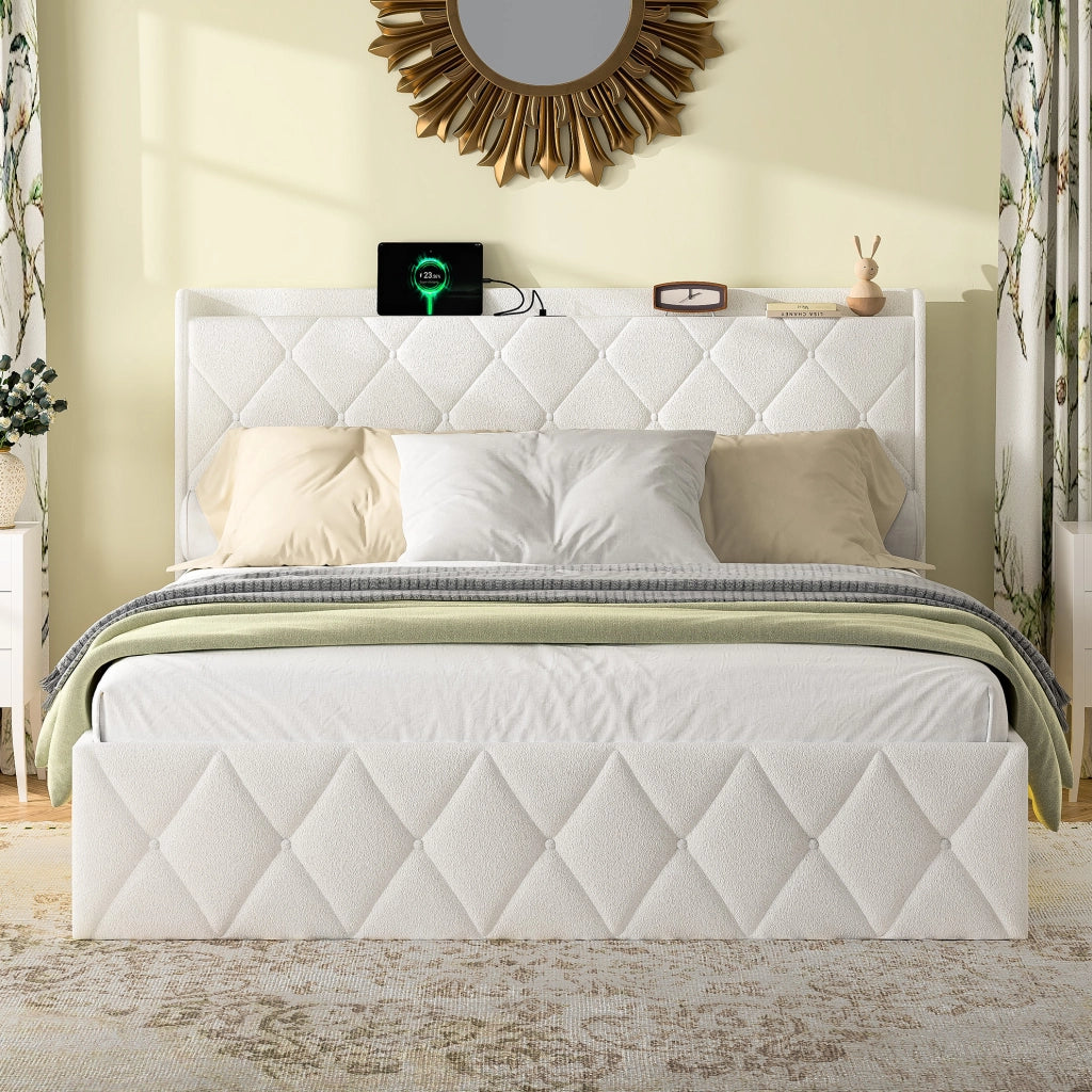 Letto matrimoniale 140x200 cm Teddy bianco con LED e ricarica USB