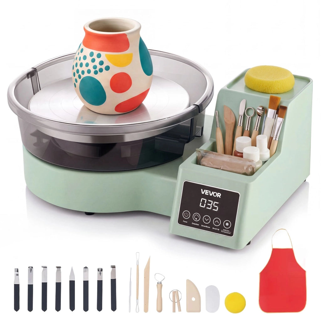 Tornio per Ceramica Elettrico 450W LSXPJ-515, Piatto in Alluminio 28cm, Vasca Rimovibile, Velocità 30-300 giri/min, per Fai da Te, Verde