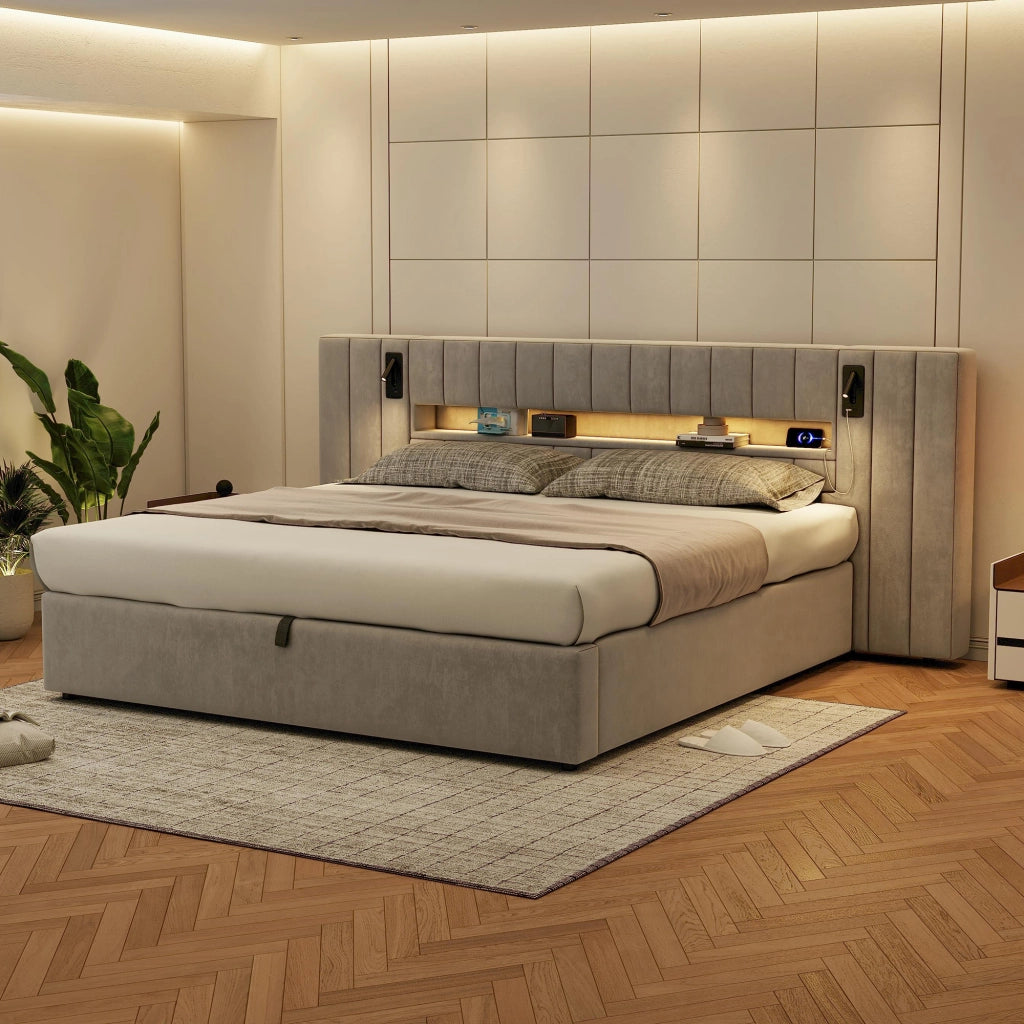 Letto contenitore 180 × 200 cm con USB-A e USB-C LED 16 colori lampada da comodino velluto grigio