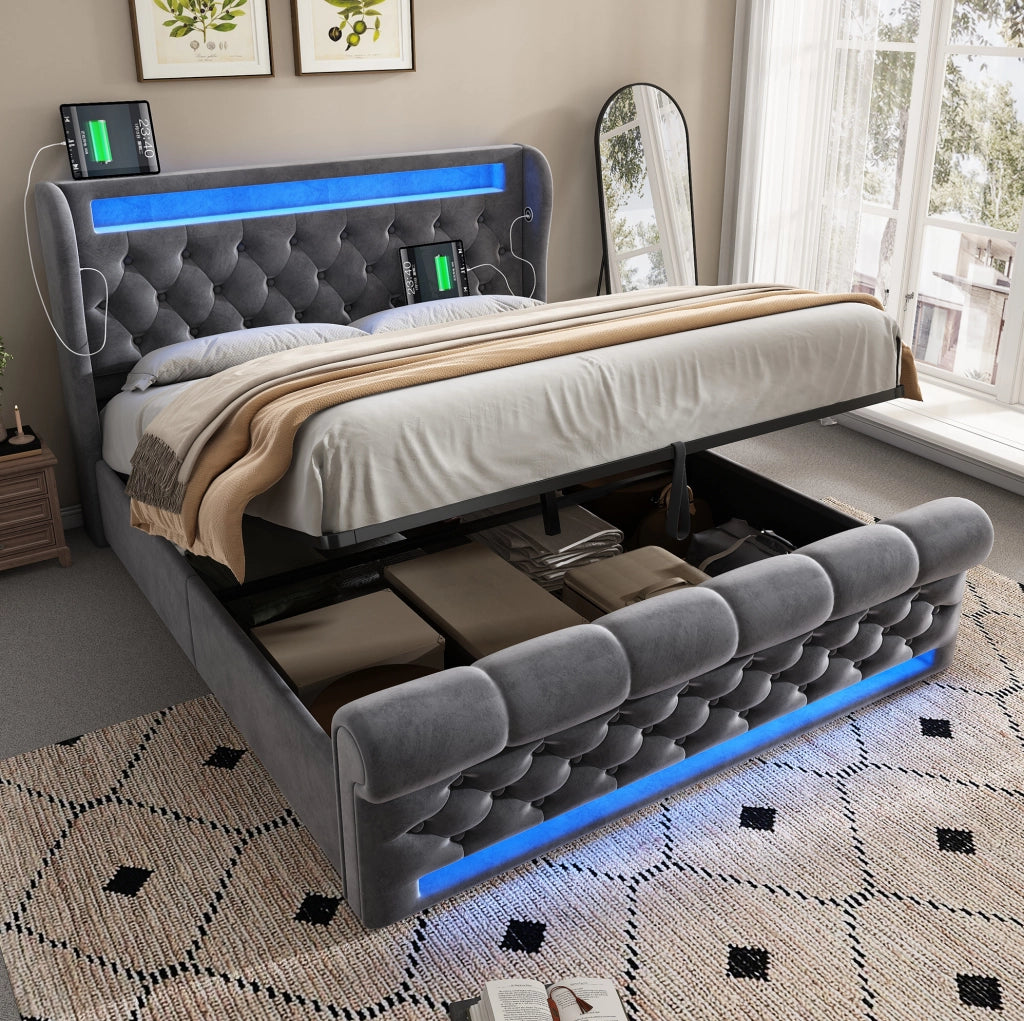 LETTO Contenitore 140x200 cm Velluto Grigio con LED USB e Type-C