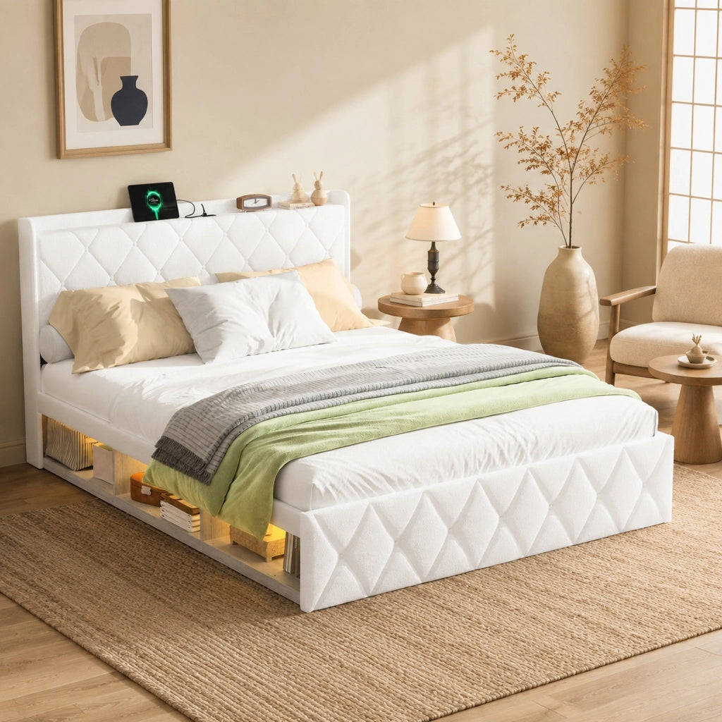 Letto matrimoniale 140x200 cm Teddy bianco con LED e ricarica USB