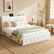 Letto matrimoniale 140x200 cm Teddy bianco con LED e ricarica USB