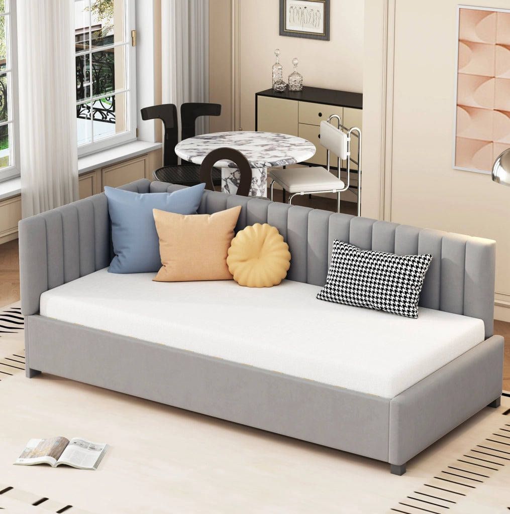 Letto imbottito 90x200 cm con rete a doghe; in velluto grigio