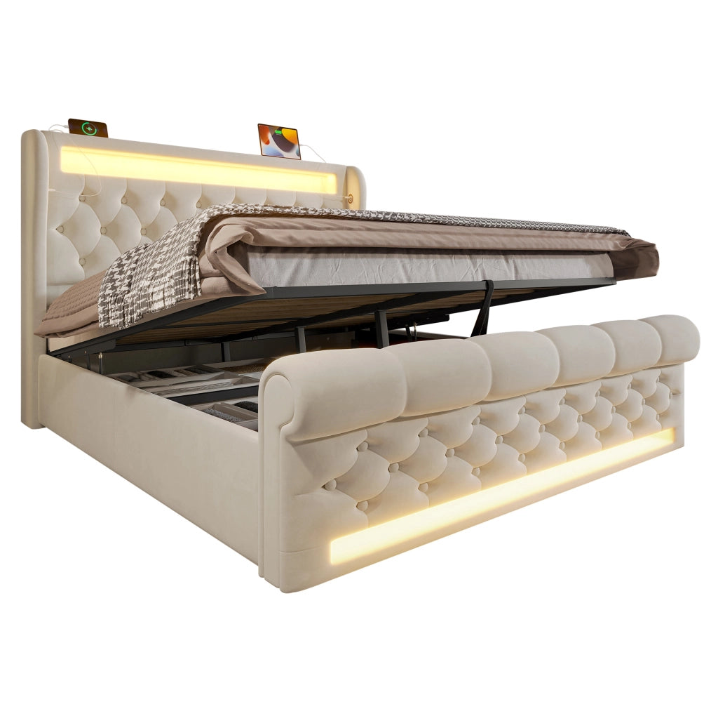 Letto matrimoniale 160x200 con LED, USB-C e vano contenitore