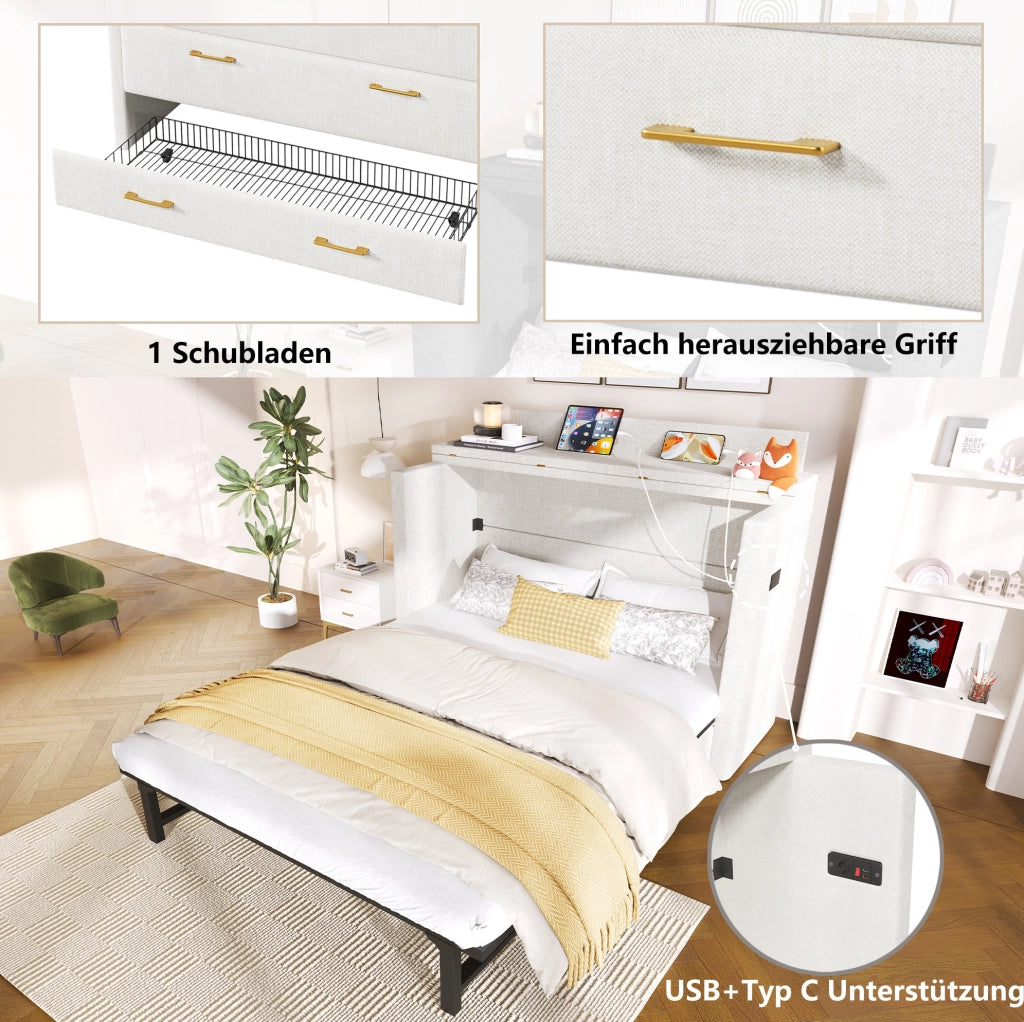 Letto a scomparsa mobile 140x200 cm beige con USB e cassetto